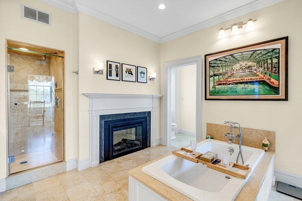 Bathroom, Fireplace, Glass Shower, Interior, Recessed Lighting