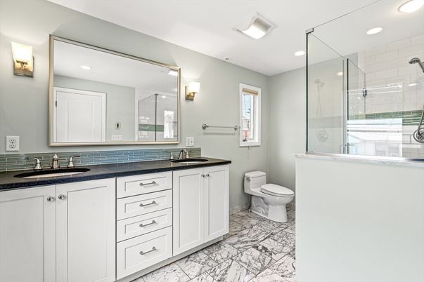 Bathroom, Dual Sink Vanities, Glass Shower, Interior, Marble, Recessed Lighting