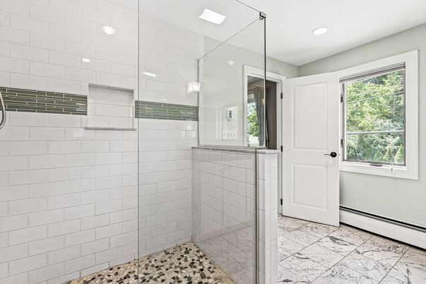 Bathroom, Glass Shower, Interior, Marble, Recessed Lighting