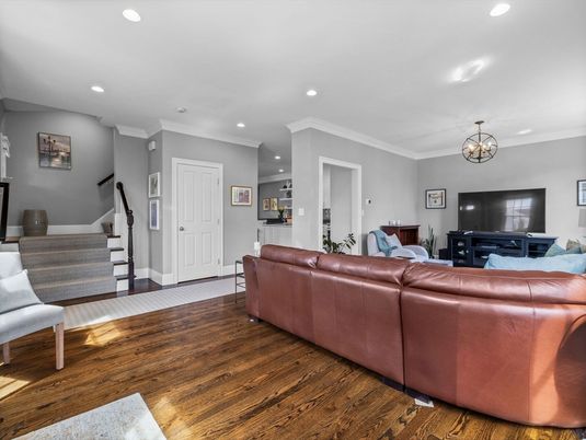 Chandelier, Interior, Living room, Recessed Lighting, Wood Texture Flooring