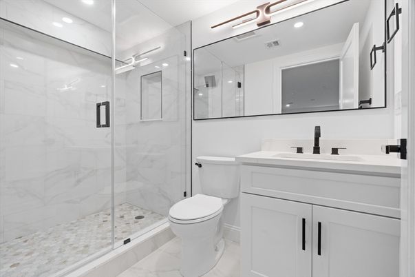 Bathroom, Glass Shower, Interior, Marble, Marble Walls, Recessed Lighting