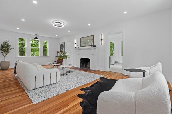 Fireplace, Interior, Living room, Recessed Lighting, Wood Texture Flooring
