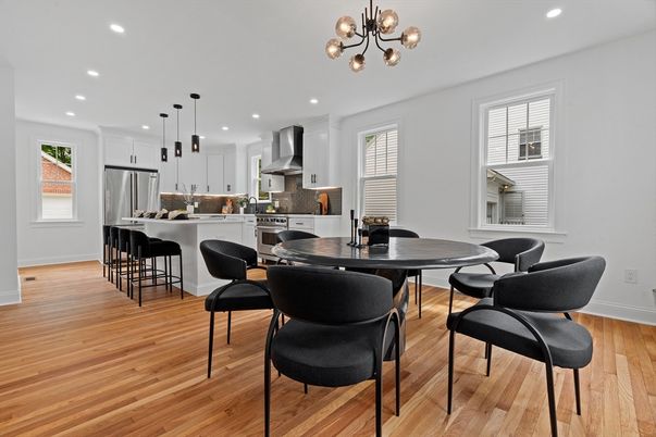 Dining room, Interior, Kitchen, Pendant Lights, Recessed Lighting, Stainless Steel Appliances, Wood Texture Flooring