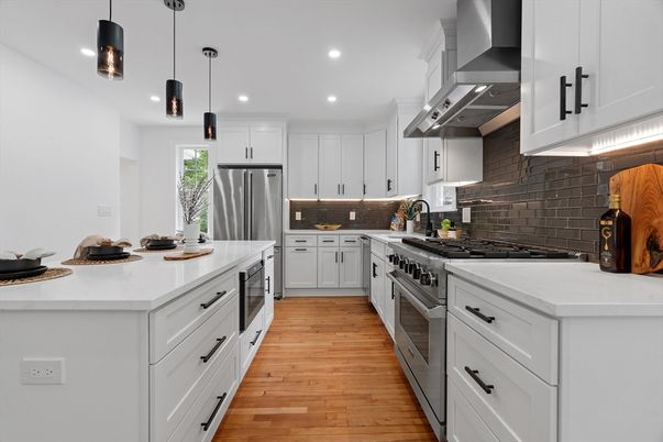 Interior, Kitchen, Pendant Lights, Recessed Lighting, Stainless Steel Appliances, Wood Texture Flooring