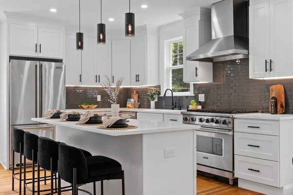 Interior, Kitchen, Pendant Lights, Recessed Lighting, Stainless Steel Appliances, Wood Texture Flooring