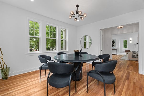Dining room, Interior, Pendant Lights, Wood Texture Flooring
