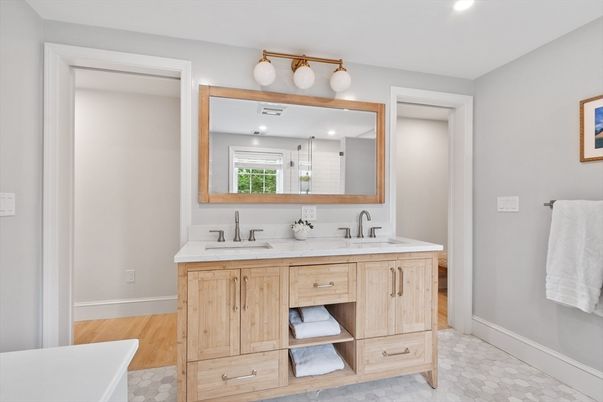 Bathroom, Dual Sink Vanities, Interior, Recessed Lighting, Wood Texture Flooring