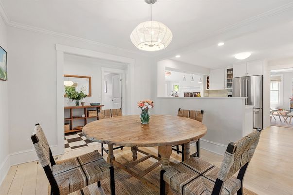 Dining room, Interior, Kitchen, Pendant Lights, Recessed Lighting, Stainless Steel Appliances, Wood Texture Flooring