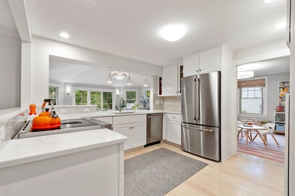 Dining room, Interior, Kitchen, Recessed Lighting, Stainless Steel Appliances, Wood Texture Flooring