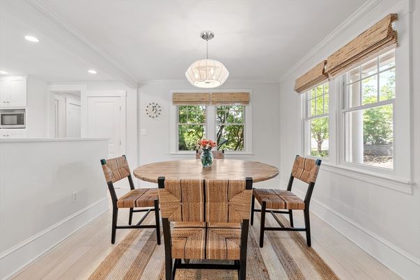 Dining room, Interior, Pendant Lights, Recessed Lighting, Wood Texture Flooring