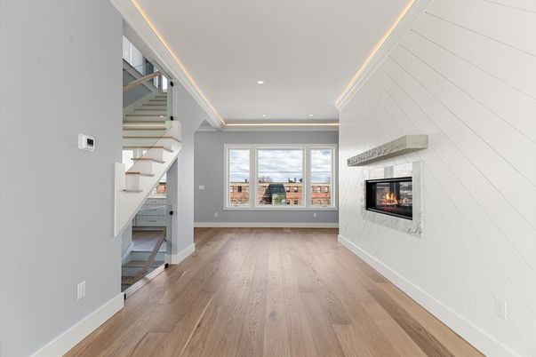 Fireplace, Interior, Recessed Lighting, Wood Texture Flooring