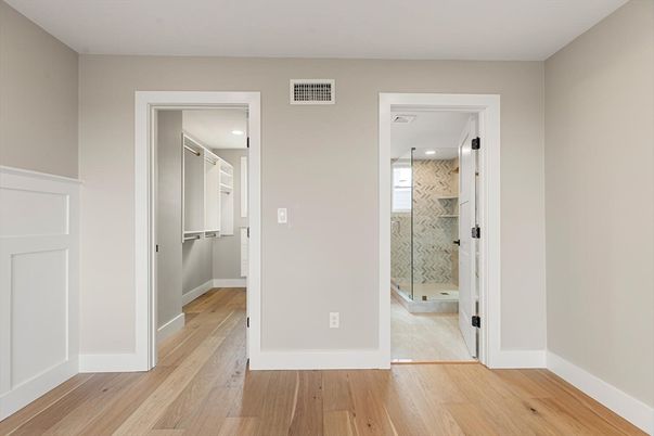 Bathroom, Glass Shower, Interior, Recessed Lighting, Wood Texture Flooring