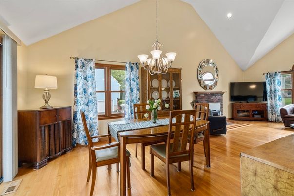 Chandelier, Dining room, Fireplace, Interior, Recessed Lighting, Wood Texture Flooring