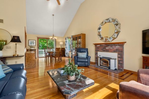 Chandelier, Dining room, Fireplace, Interior, Living room, Wood Texture Flooring
