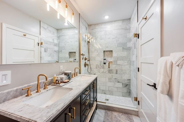 Bathroom, Dual Sink Vanities, Glass Shower, Interior, Marble, Marble Walls, Recessed Lighting