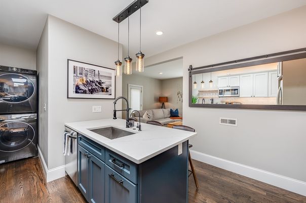 Interior, Kitchen, Pendant Lights, Recessed Lighting, Washer, Wood Texture Flooring