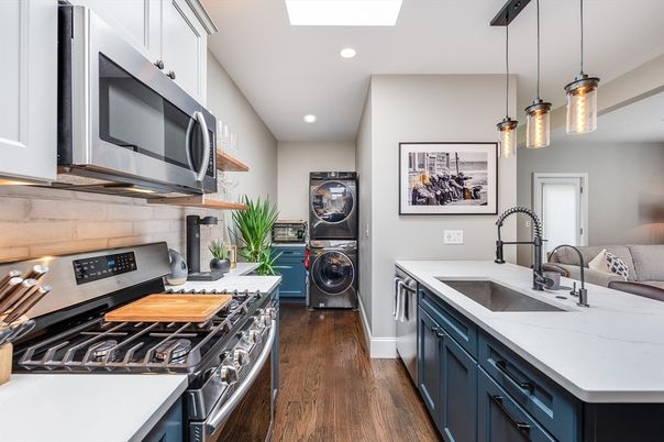 Interior, Kitchen, Pendant Lights, Recessed Lighting, Stainless Steel Appliances, Washer, Wood Texture Flooring