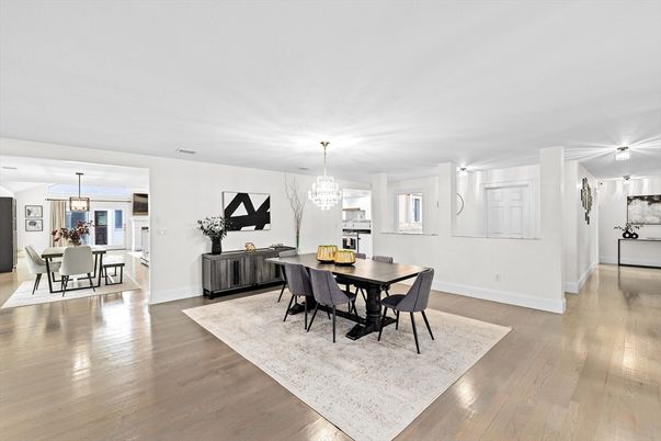 Chandelier, Dining room, Interior, Pendant Lights, Wood Texture Flooring