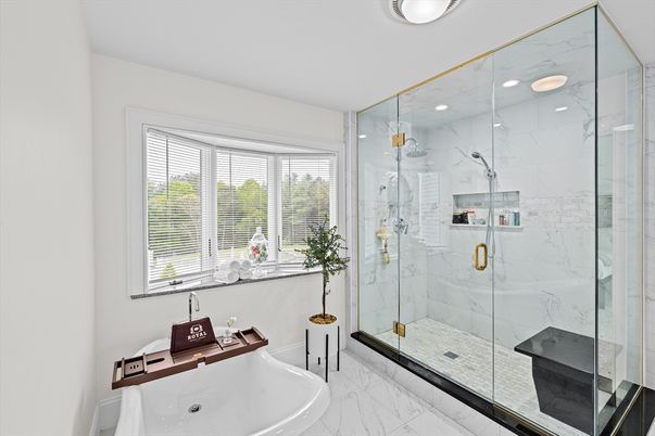 Bathroom, Glass Shower, Interior, Marble, Marble Walls, Recessed Lighting