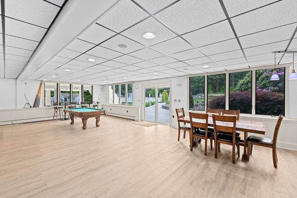Billiard Table, Dining room, Game Room, Interior, Pendant Lights, Recessed Lighting, Wood Texture Flooring