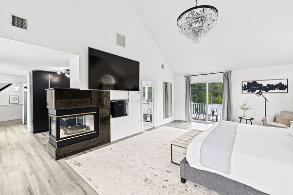 Bedroom, Fireplace, Interior, Pendant Lights, Wood Texture Flooring
