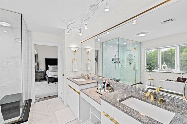 Bathroom, Bedroom, Dual Sink Vanities, Glass Shower, Interior, Marble, Marble Walls, Recessed Lighting