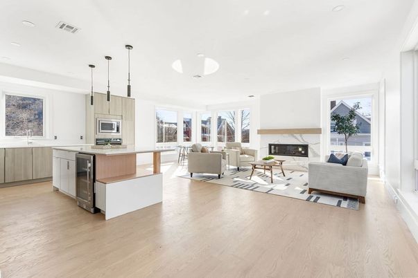 Fireplace, Interior, Kitchen, Living room, Pendant Lights, Recessed Lighting, Wood Texture Flooring