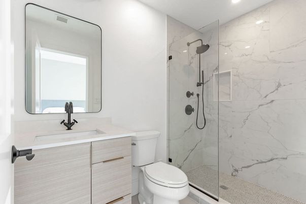 Bathroom, Glass Shower, Interior, Marble Walls, Recessed Lighting