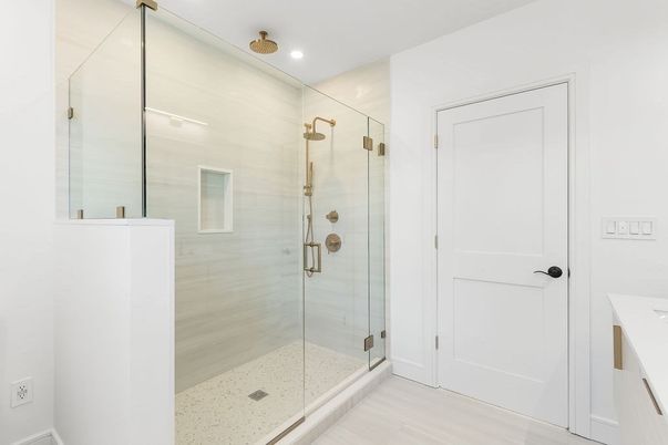 Bathroom, Glass Shower, Interior, Recessed Lighting, Wood Texture Flooring