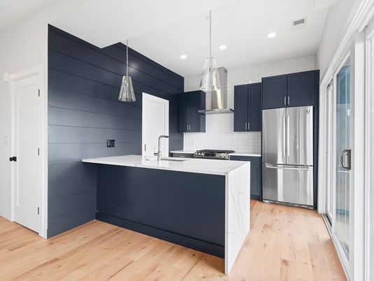 Interior, Kitchen, Pendant Lights, Recessed Lighting, Stainless Steel Appliances, Wood Texture Flooring