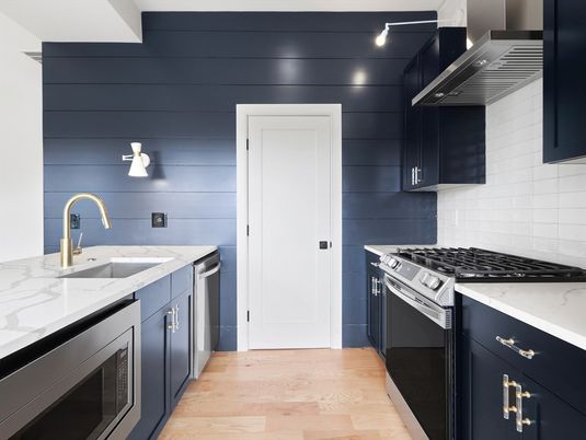 Interior, Kitchen, Recessed Lighting, Stainless Steel Appliances, Wood Texture Flooring