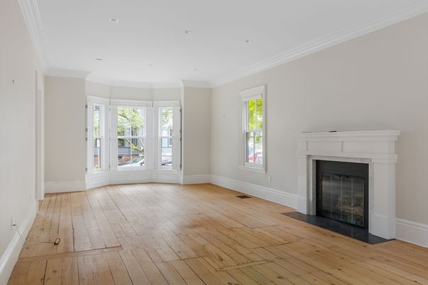 Empty room, Fireplace, Interior, Recessed Lighting, Wood Texture Flooring
