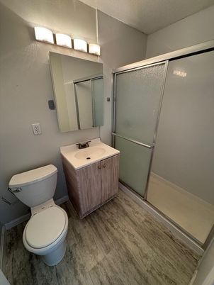 Bathroom, Glass Shower, Interior, Wood Texture Flooring