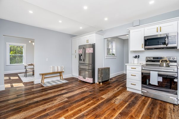 Interior, Kitchen, Recessed Lighting, Stainless Steel Appliances, Wood Texture Flooring