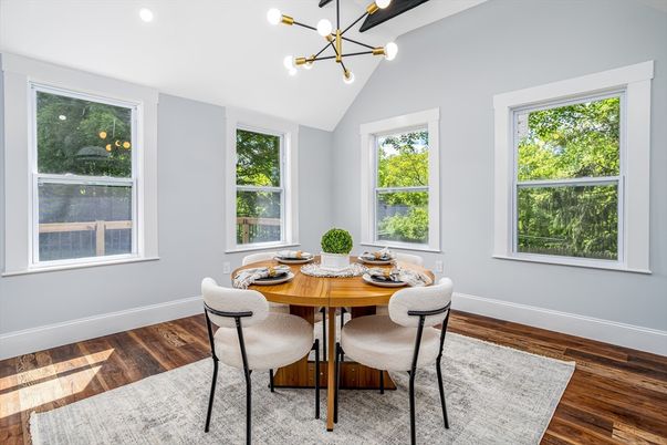 Dining room, Interior, Pendant Lights, Recessed Lighting, Wood Texture Flooring