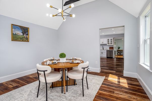 Dining room, Interior, Kitchen, Pendant Lights, Recessed Lighting, Wood Texture Flooring