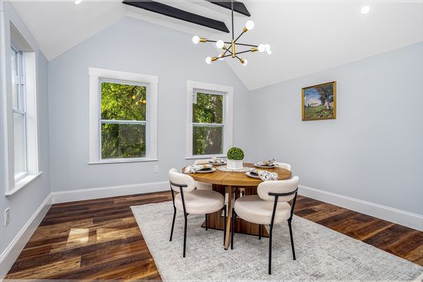 Dining room, Interior, Pendant Lights, Recessed Lighting, Wood Texture Flooring