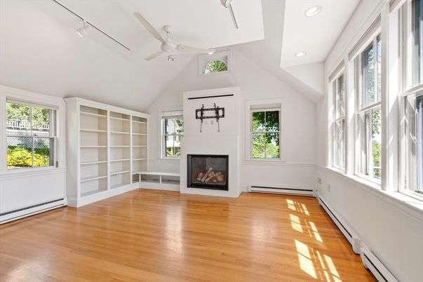 Empty room, Fireplace, Interior, Recessed Lighting, Wood Texture Flooring