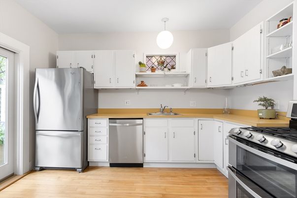 Interior, Kitchen, Pendant Lights, Stainless Steel Appliances, Wood Texture Flooring