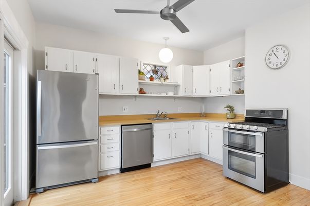 Interior, Kitchen, Pendant Lights, Stainless Steel Appliances, Wood Texture Flooring