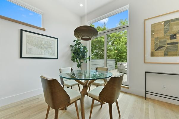 Dining room, Interior, Pendant Lights, Recessed Lighting, Wood Texture Flooring