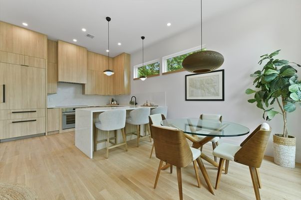 Dining room, Interior, Kitchen, Pendant Lights, Recessed Lighting, Wood Texture Flooring