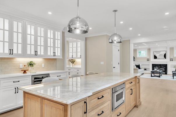 Fireplace, Interior, Kitchen, Living room, Pendant Lights, Recessed Lighting, Wood Texture Flooring
