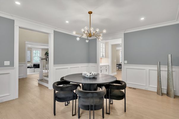 Dining room, Interior, Pendant Lights, Recessed Lighting, Wood Texture Flooring