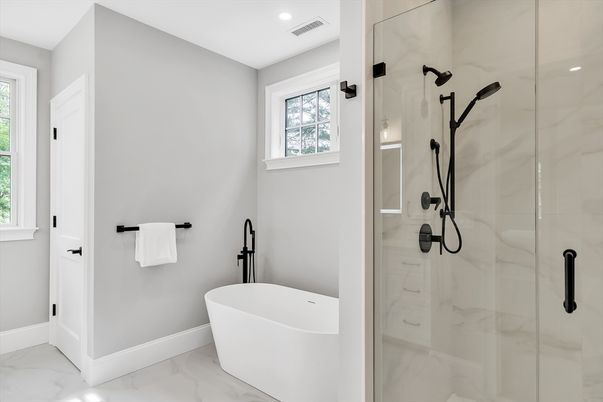Bathroom, Free Standing Baths, Glass Shower, Interior, Marble, Marble Walls, Recessed Lighting