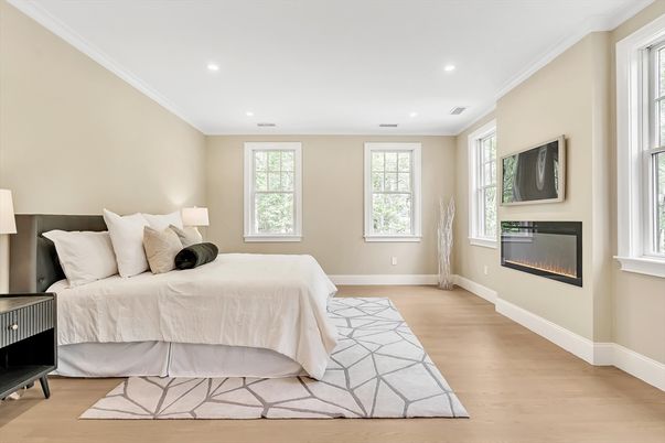 Bedroom, Fireplace, Interior, Recessed Lighting, Wood Texture Flooring