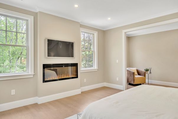 Bedroom, Fireplace, Interior, Recessed Lighting, Wood Texture Flooring