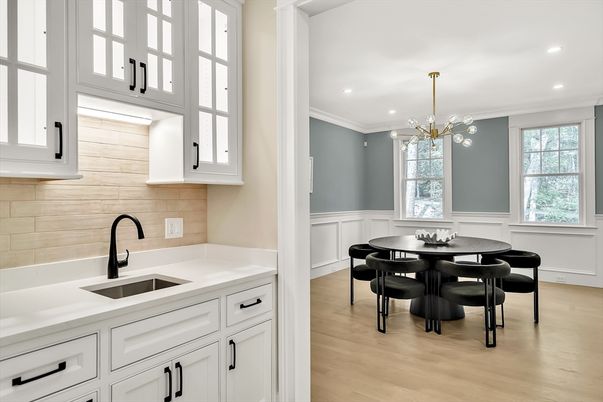 Dining room, Interior, Kitchen, Pendant Lights, Recessed Lighting, Wood Texture Flooring