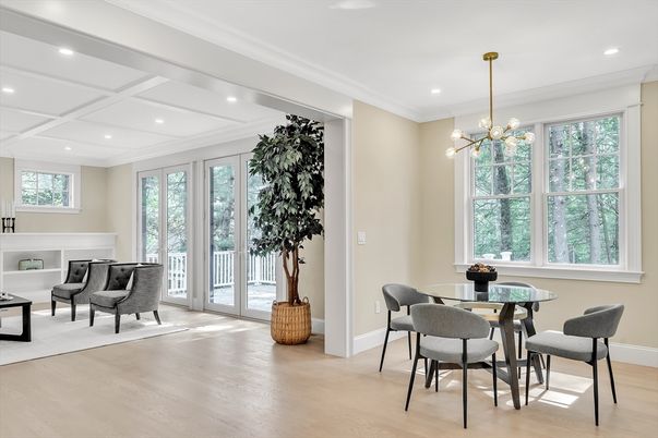 Dining room, Fireplace, Interior, Pendant Lights, Recessed Lighting, Wood Texture Flooring