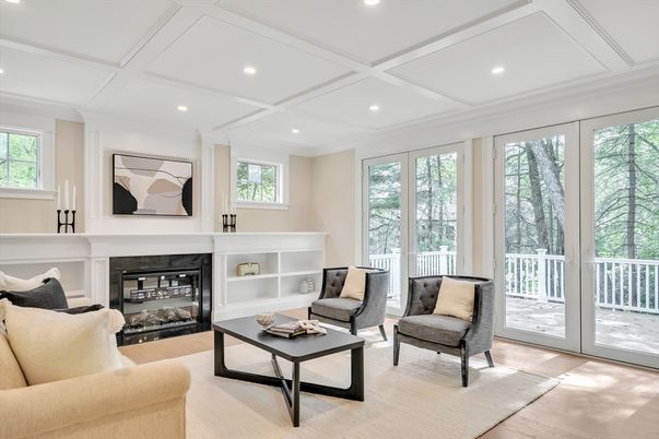 Fireplace, Interior, Living room, Recessed Lighting, Wood Texture Flooring